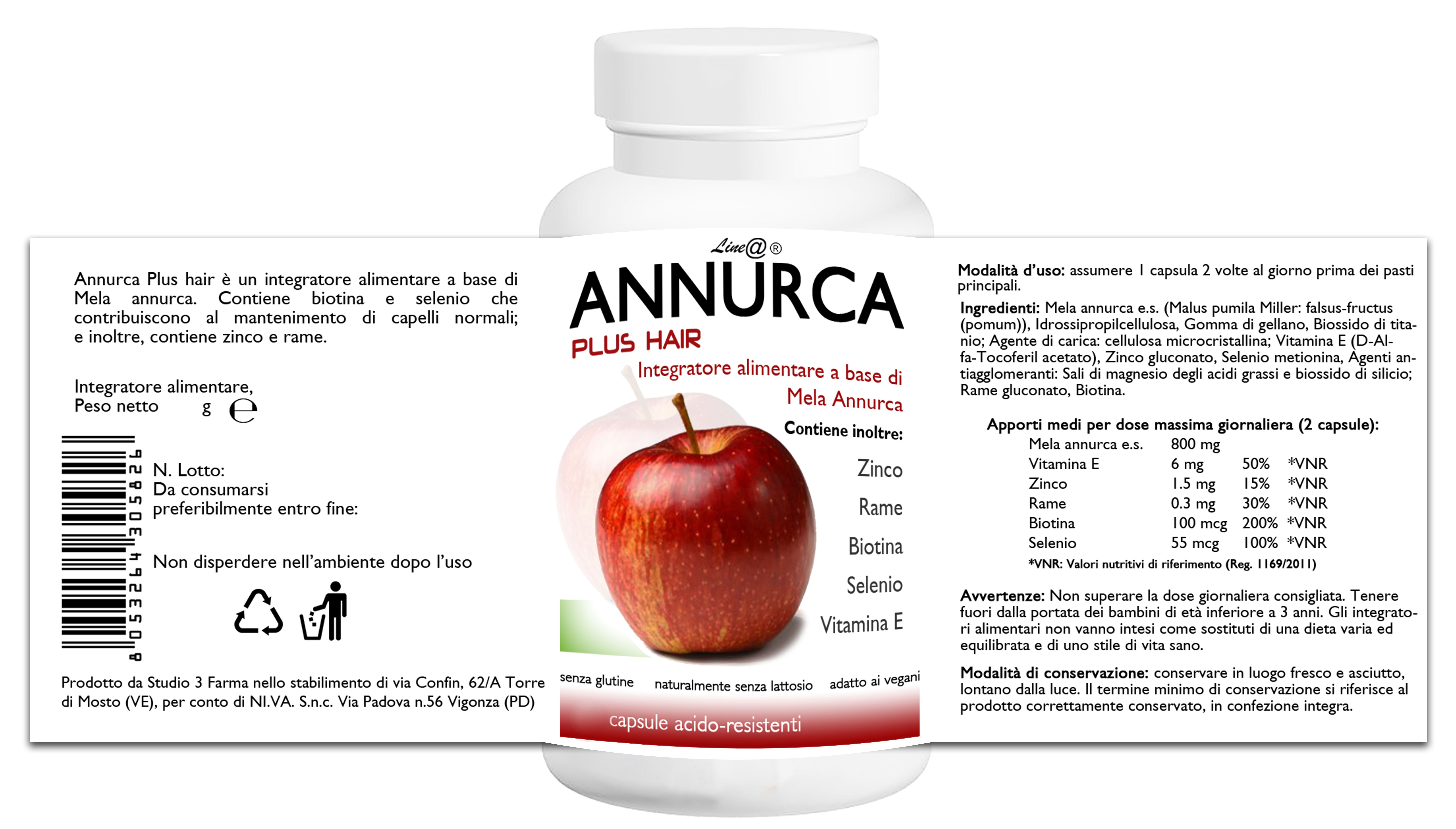 Flacone di integratori Annurca Plus Hair, 120 capsule.