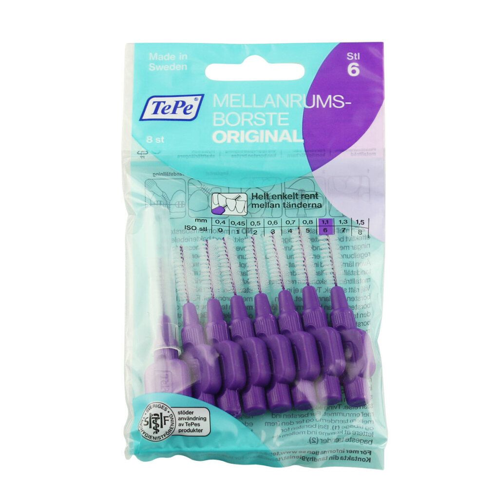 Confezione da 8 scovolini interdentali viola TePe. Scritto: Mellanrumsborste Original. Dimensione: 1.10 mm.