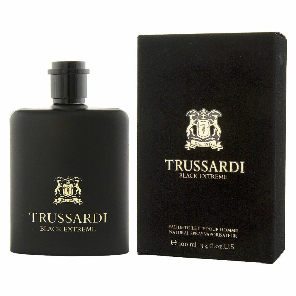 Flacone e scatola Trussardi Black Extreme. Flacone nero, scritta dorata. Scatola nera.