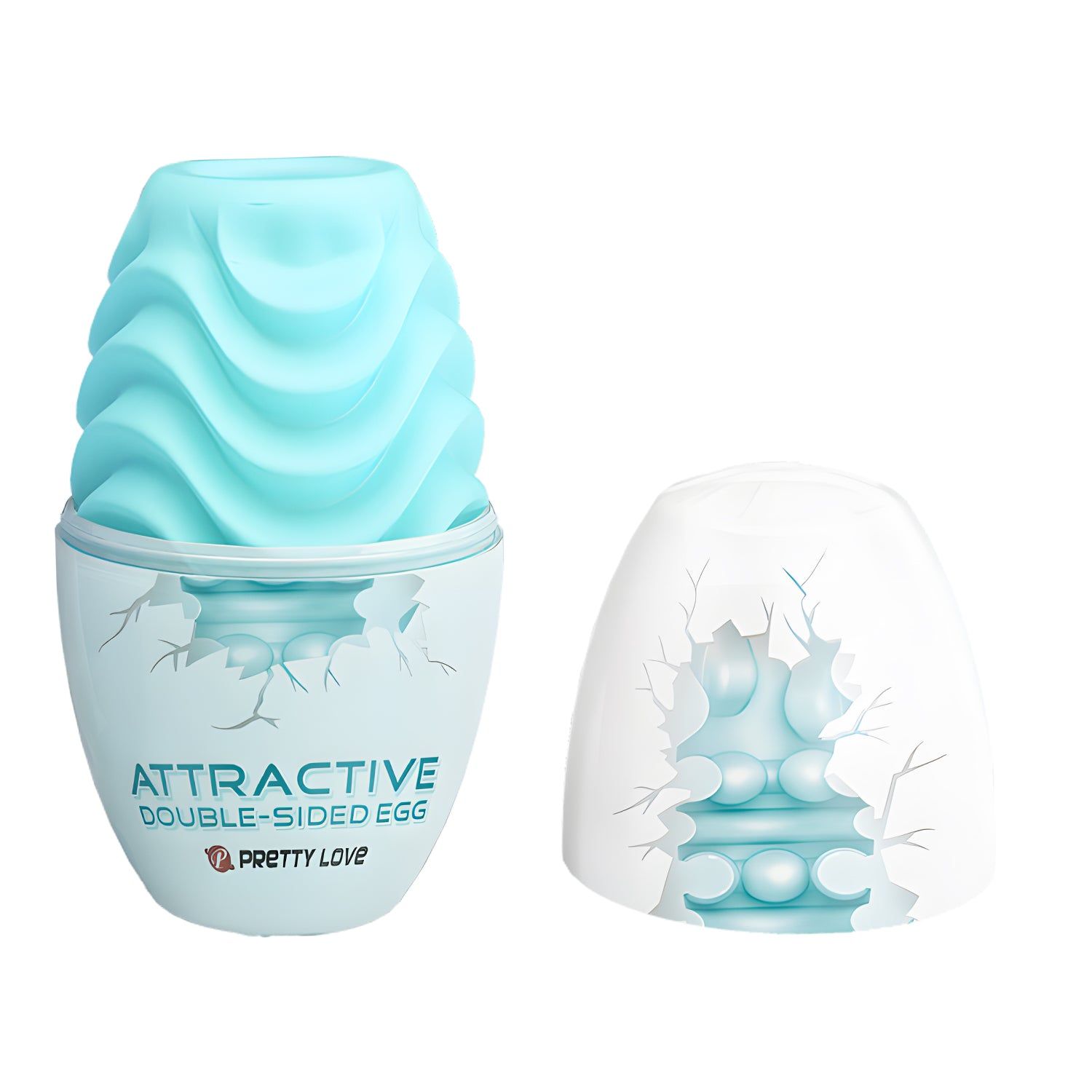 Prodotto a forma di uovo, blu chiaro, superficie ondulata. Scritta: ATTRACTIVE DOUBLE-SIDED EGG, PRETTY LOVE. Con coperchio.