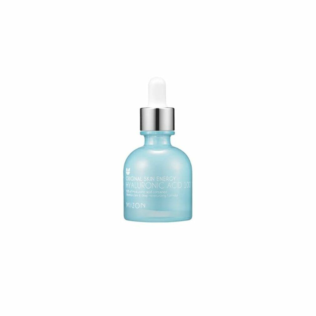 Flacone azzurro con tappo argentato e contagocce. Scritta: Original Skin Energy Hyaluronic Acid 100. Marchio: Mizon.
