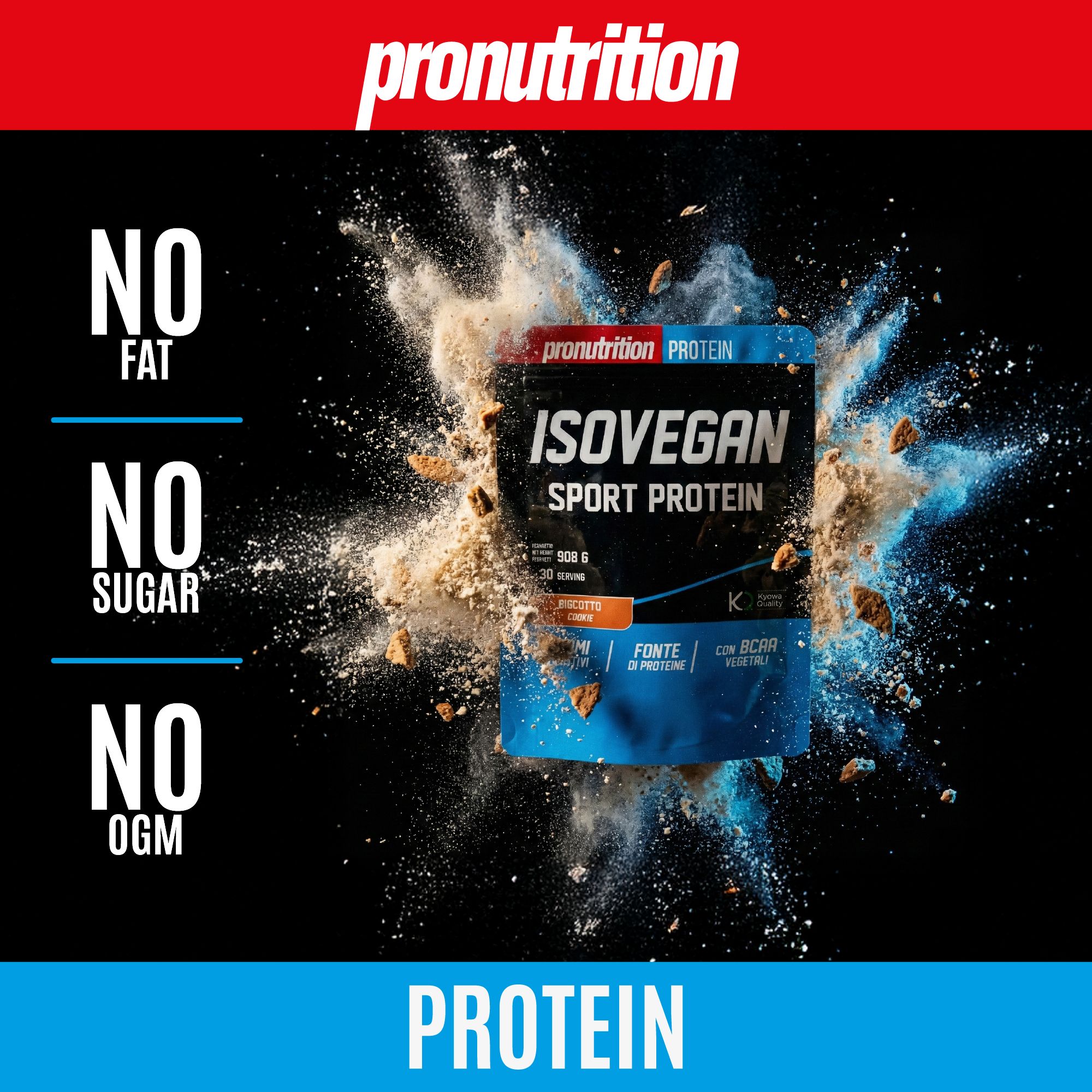 Confezione di IsoVegan Sport Protein. Scritta: Senza grassi, senza zucchero, senza OGM. Ingredienti: Enzimi, fonte di proteine, BCAA. Gusto biscotto.