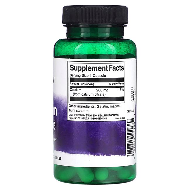 Capsule verdi in un flacone verde. Etichetta con informazioni nutrizionali: Calcio 200 mg (da citrato di calcio).