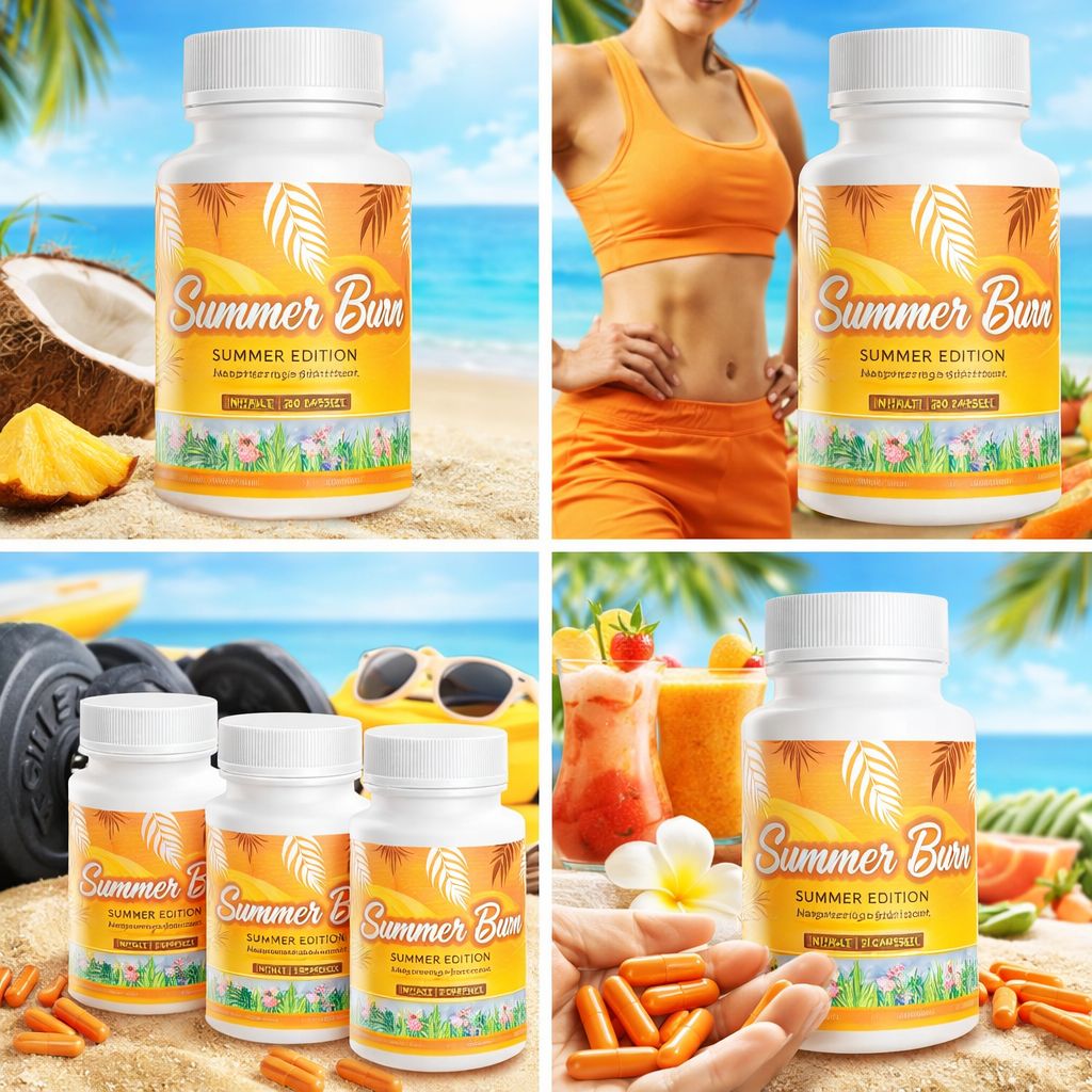 Flacone bianco con etichetta gialla. Scritta: Summer Burn, Summer Edition, 60 capsule. Diverse presentazioni con sfondo spiaggia e frutta.