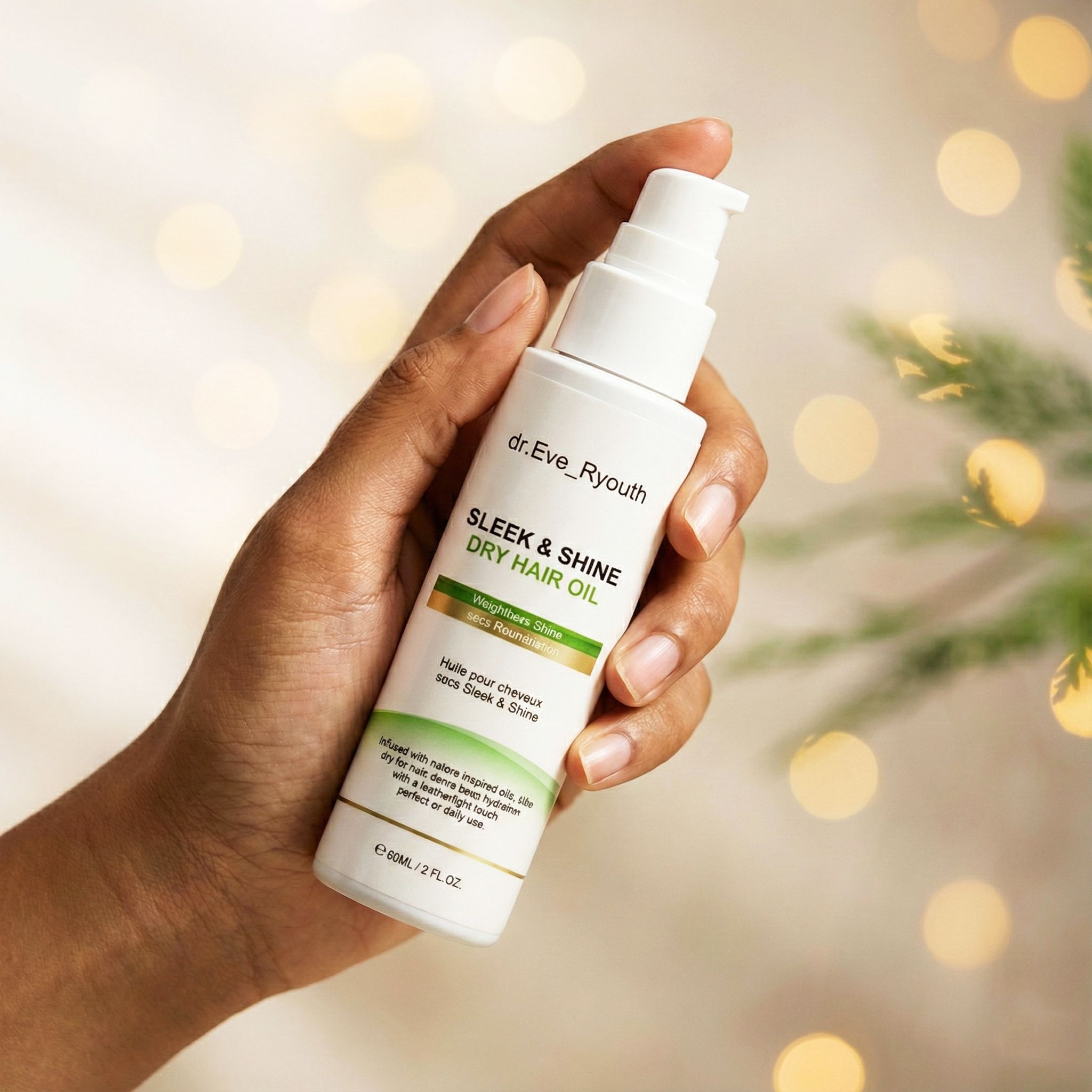 Una mano tiene una bottiglia bianca di olio secco Sleek & Shine di dr. Eve_Ryouth.