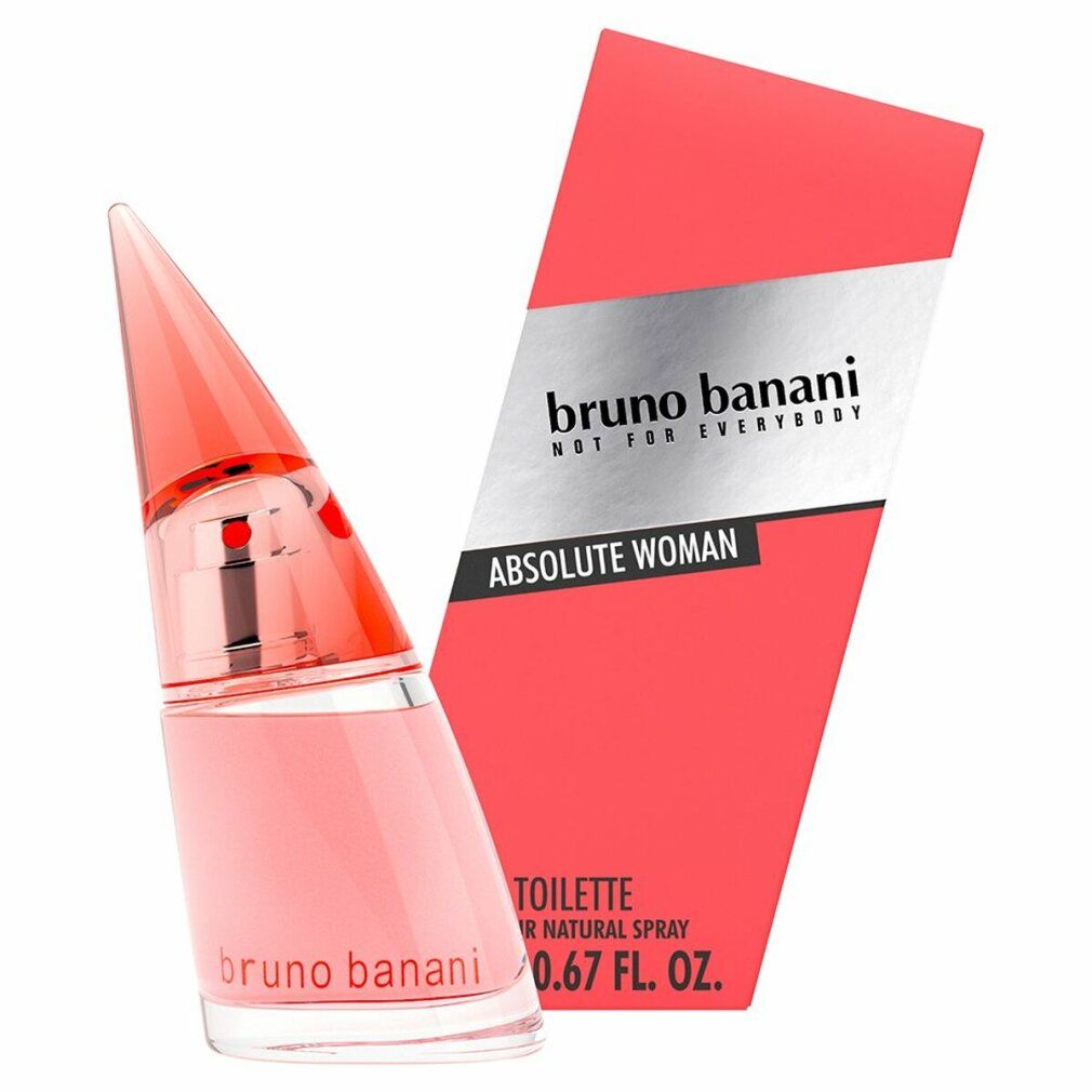 Flacone e confezione rosa. Scritta: Bruno Banani Absolute Woman. 0.67 FL. OZ.