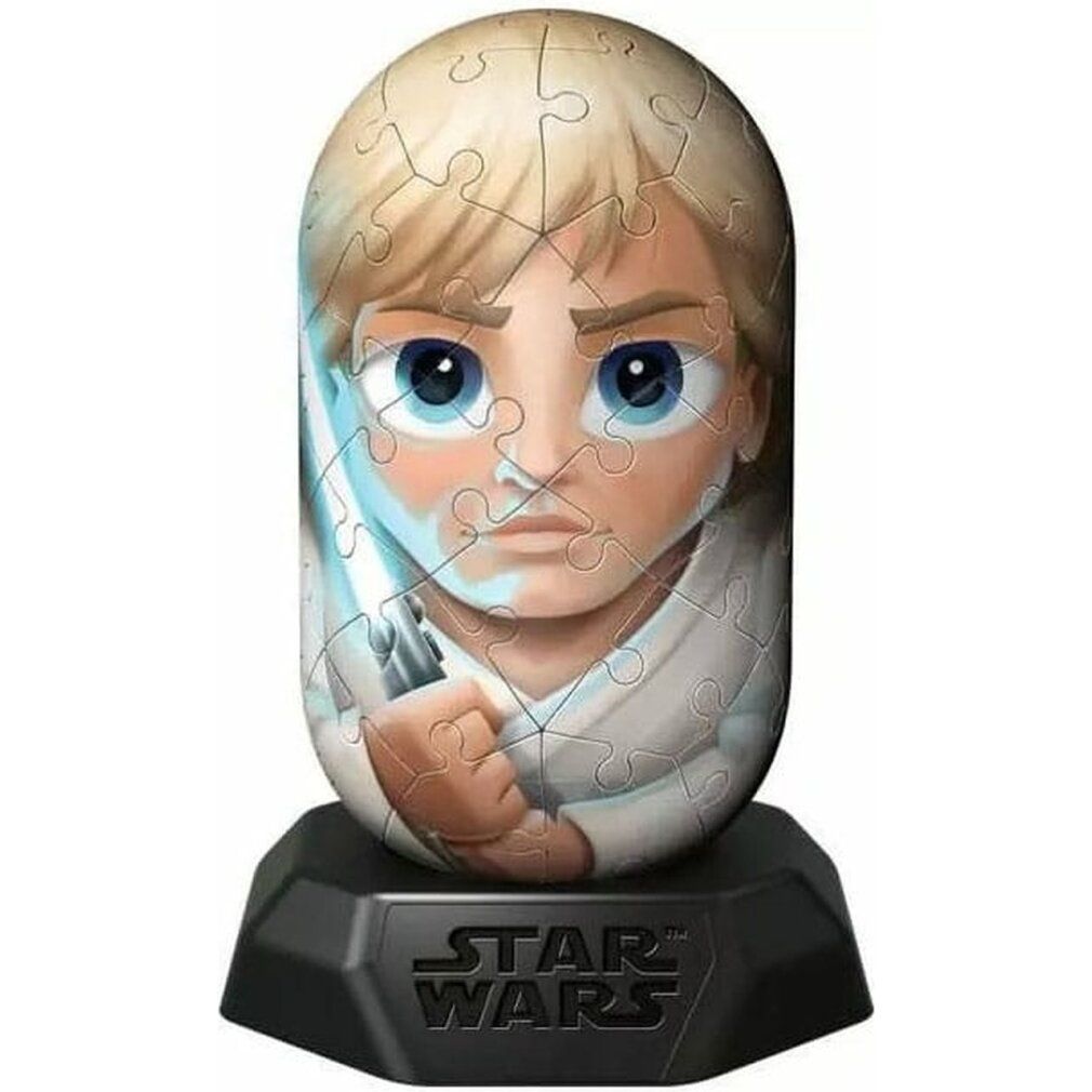 Puzzle 3D Luke Skywalker Hylkies. Puzzle a forma di uovo con personaggio su base nera. Logo Star Wars in basso.