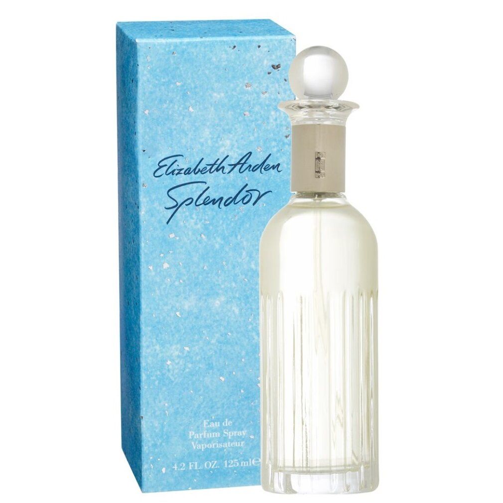 Flacone con scatola azzurra. Sulla scatola, Elizabeth Arden Splendor. Il flacone ha un collo argentato.