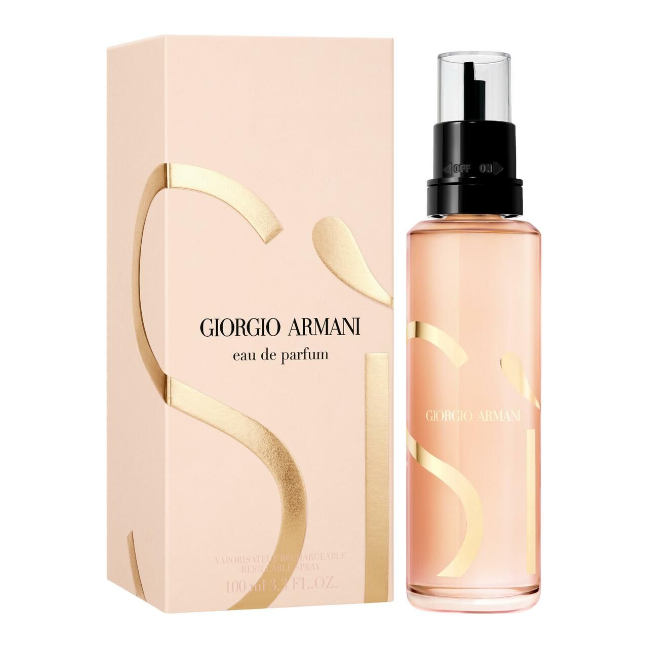 Flacone e confezione. Scritta "Si" e "Giorgio Armani eau de parfum". Liquido rosa visibile.