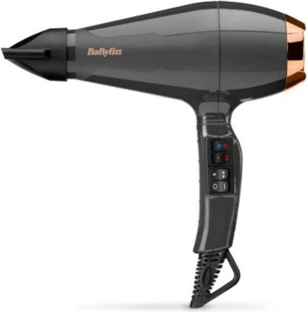 Asciugacapelli grigio scuro. Marca BaByliss. Pannello comandi con pulsanti. Cavo nero.