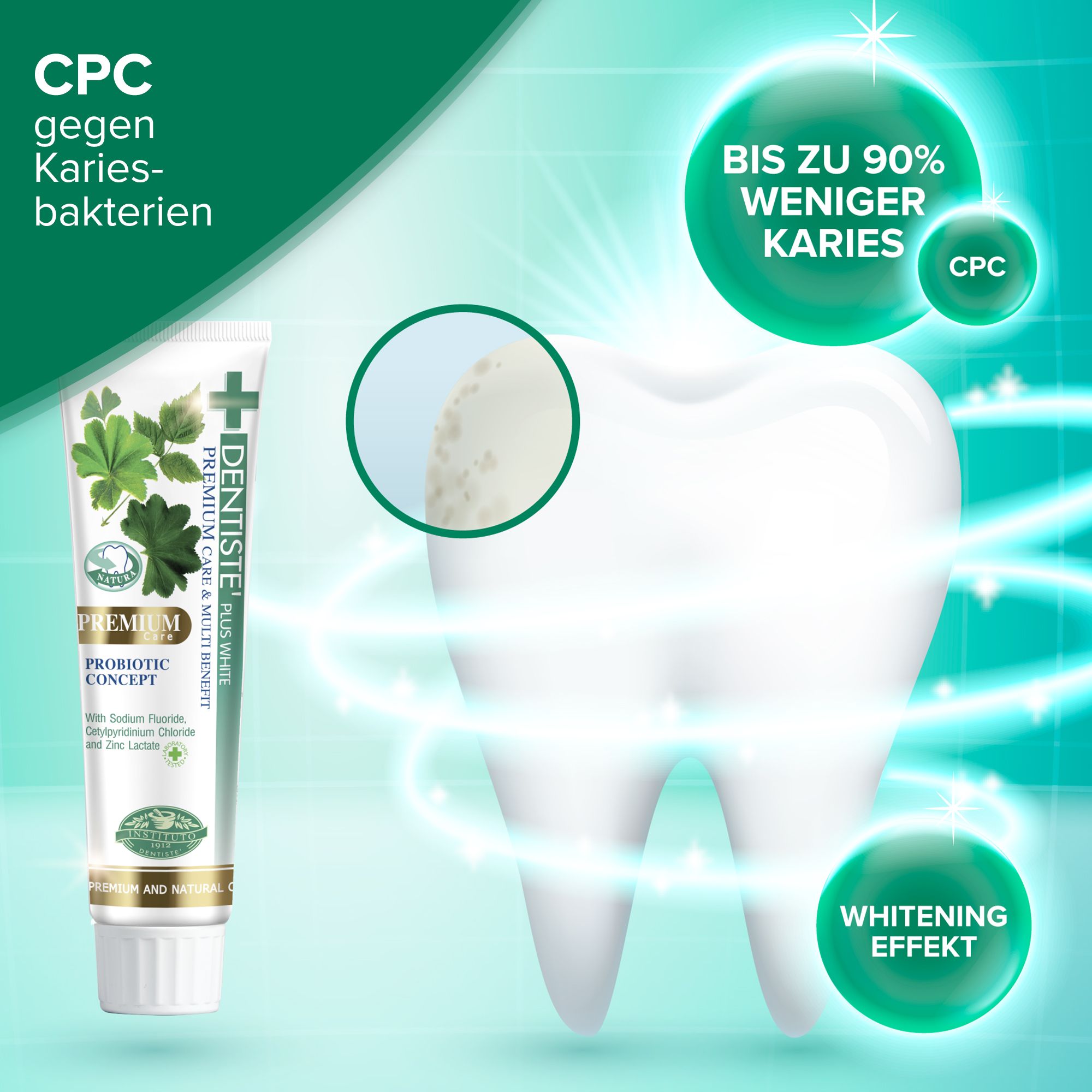 Tubo di dentifricio con testo e illustrazione del dente. CPC contro i batteri della carie. Fino al 90% in meno di carie. Effetto sbiancante.