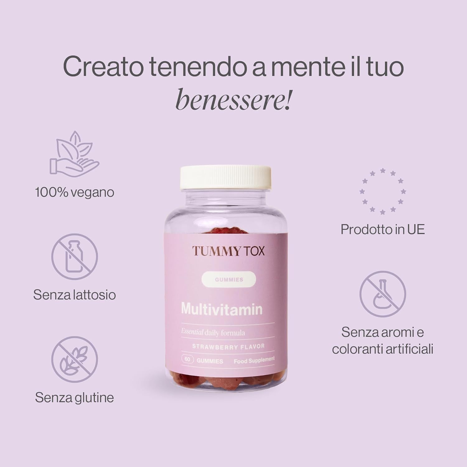 Bottiglia di caramelle gommose multivitaminiche. Testo: Tummy Tox, Vegano, Senza lattosio, Senza glutine, Prodotto in UE, Senza aromi né coloranti artificiali.