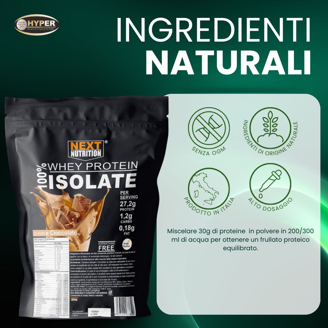 Confezione nera. Testo: NEXT NUTRITION 100% Whey Protein Isolate. Per porzione 27,2g proteine, 1,2g carboidrati, 0,18g grassi.