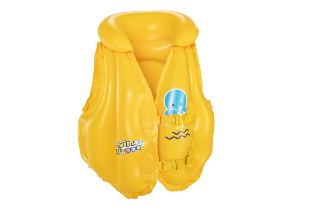 Gilet di salvataggio giallo con motivo polpo blu e onde. Fibbie e scritta Swim Safe.