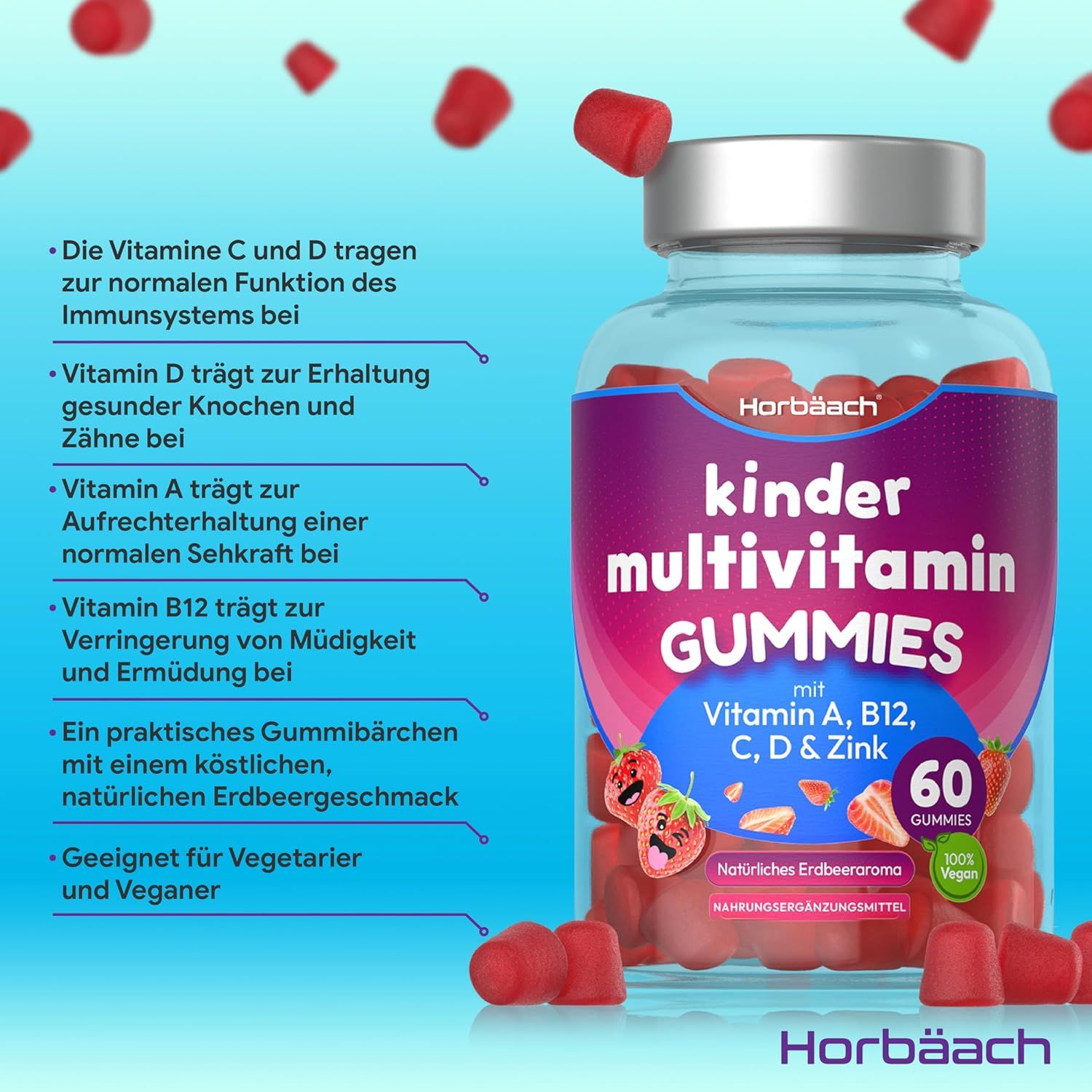 Bottiglia Horbaach Multivitamin Gummies bambini. 60 caramelle gommose. Vegano. Vitamine A, B12, C, D & Zinco. Gusto fragola.