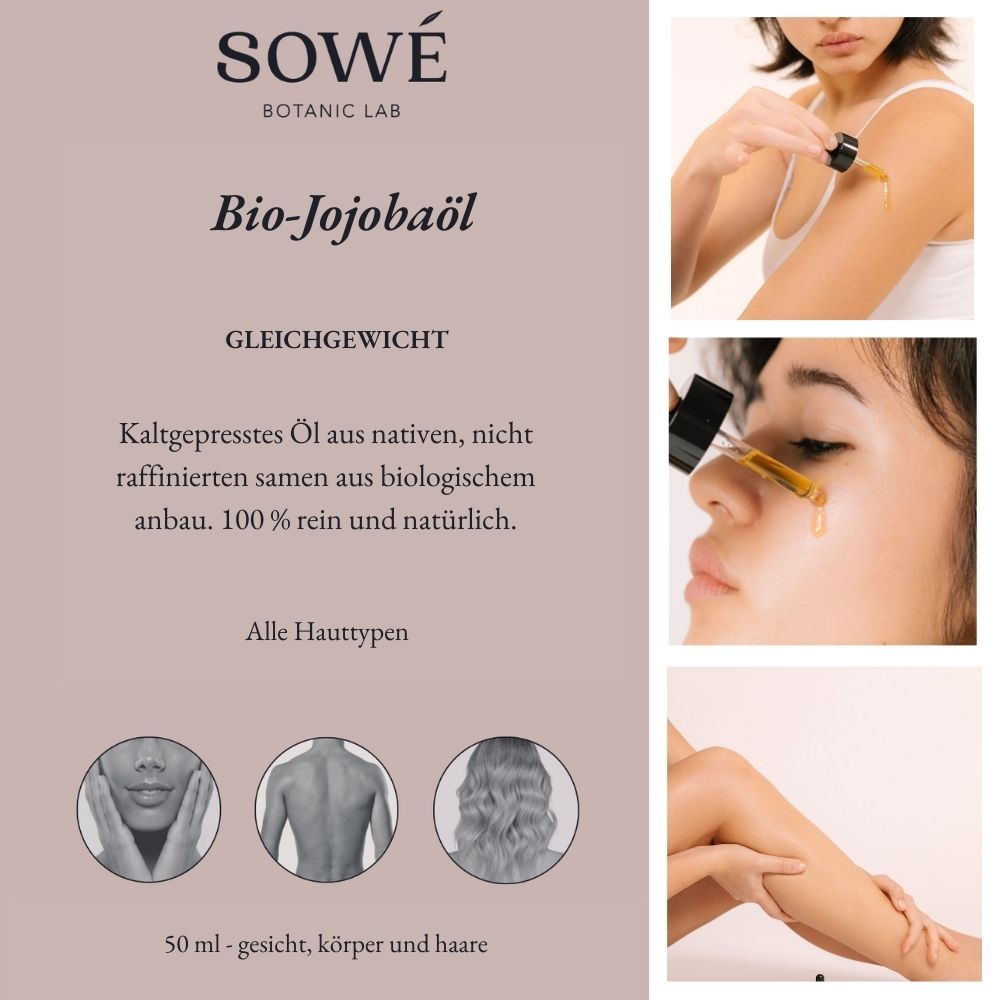 Immagine prodotto con testo: SOWÉ, Bio-Jojobaöl, Equilibrio. 3 piccole immagini mostrano l'uso.