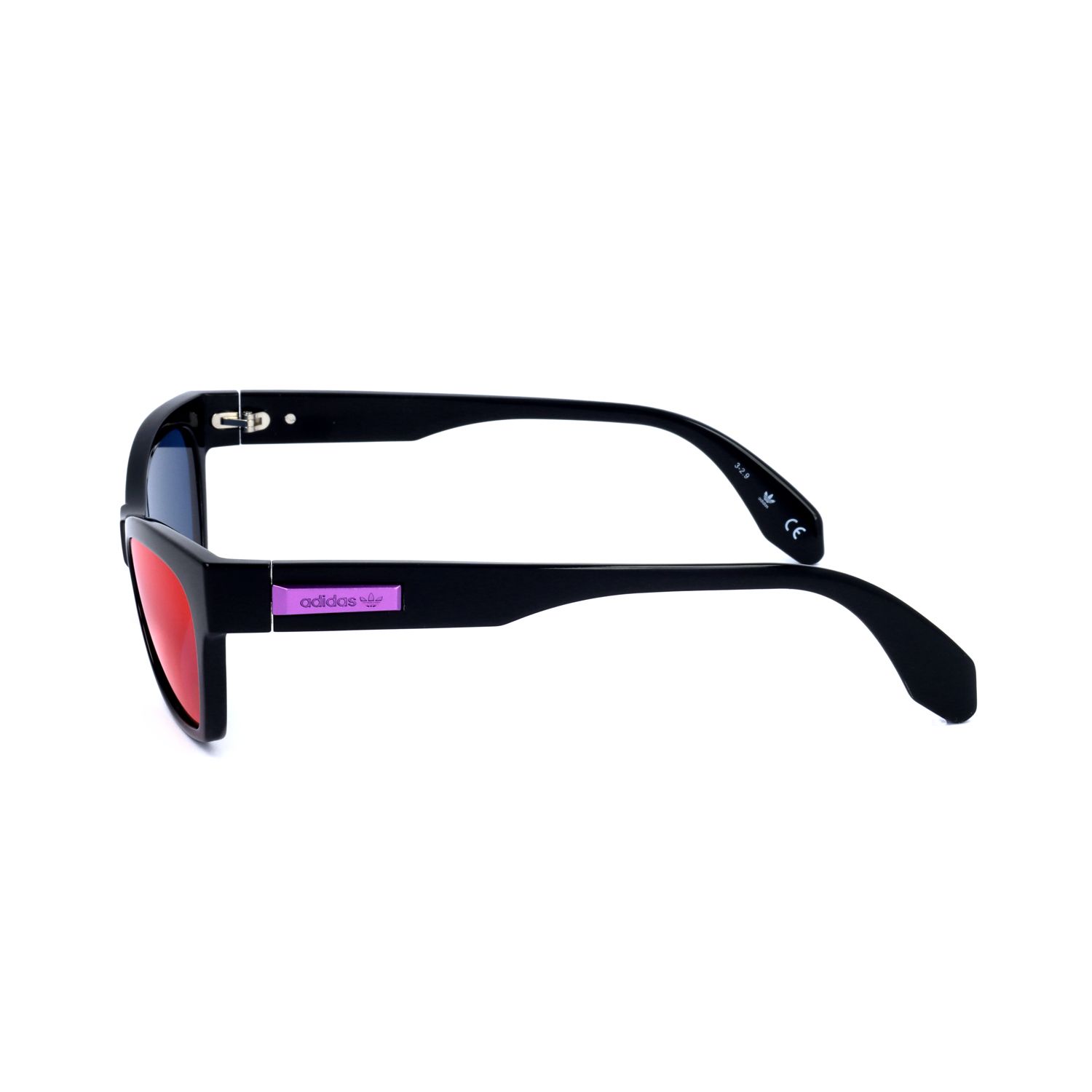 Occhiali da sole Adidas neri con lenti rosse e dettaglio logo viola.