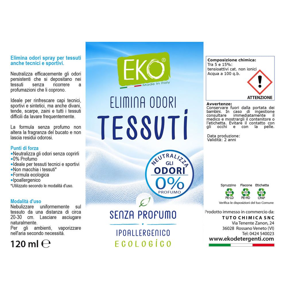 Etichetta EKO Eliminia Odori Tessuti con istruzioni.