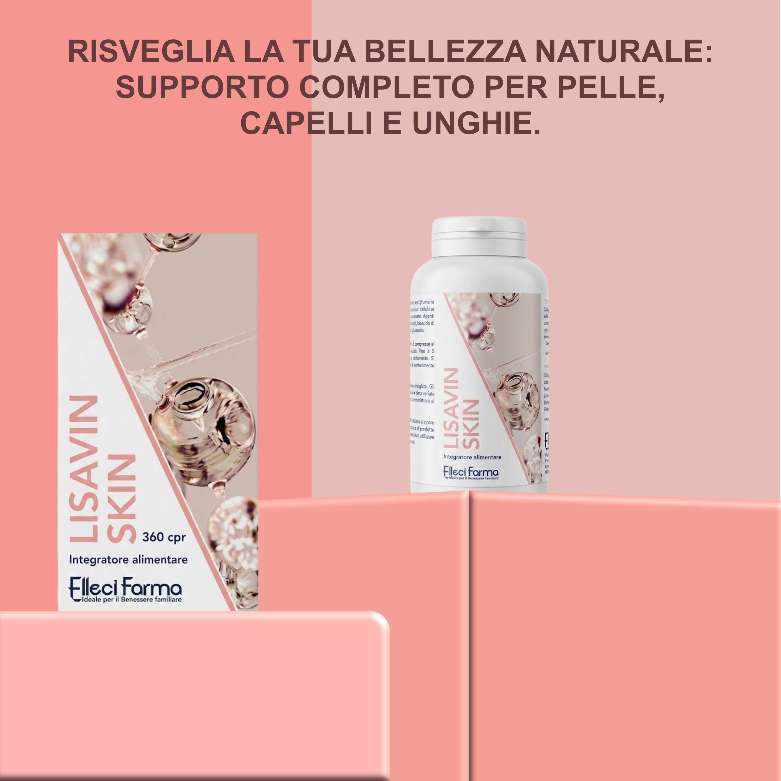 Prodotto Lisavin Skin, flacone e scatola. Testo: Supporto per pelle, capelli e unghie.