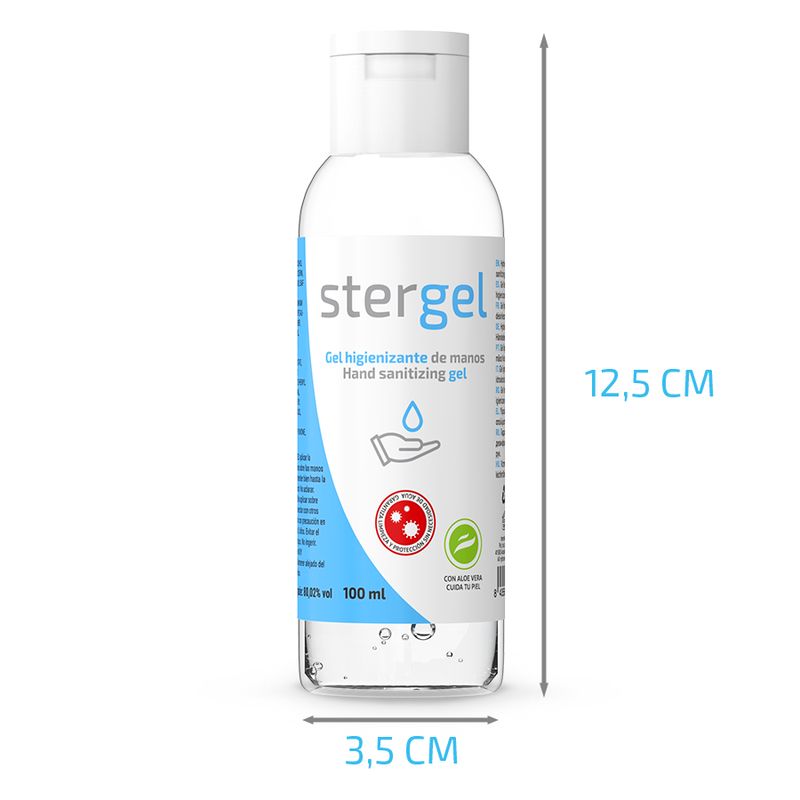 Gel igienizzante Stergel per le mani, alto 12,5 cm e largo 3,5 cm, in flacone trasparente.