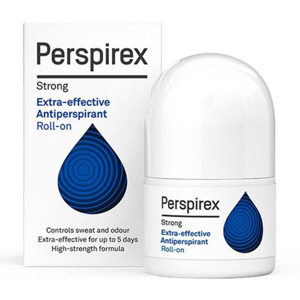 Roll-on e confezione bianchi. Scritta: Perspirex Strong Extra-effective Antitranspirant Roll-on. Grafica goccia blu.