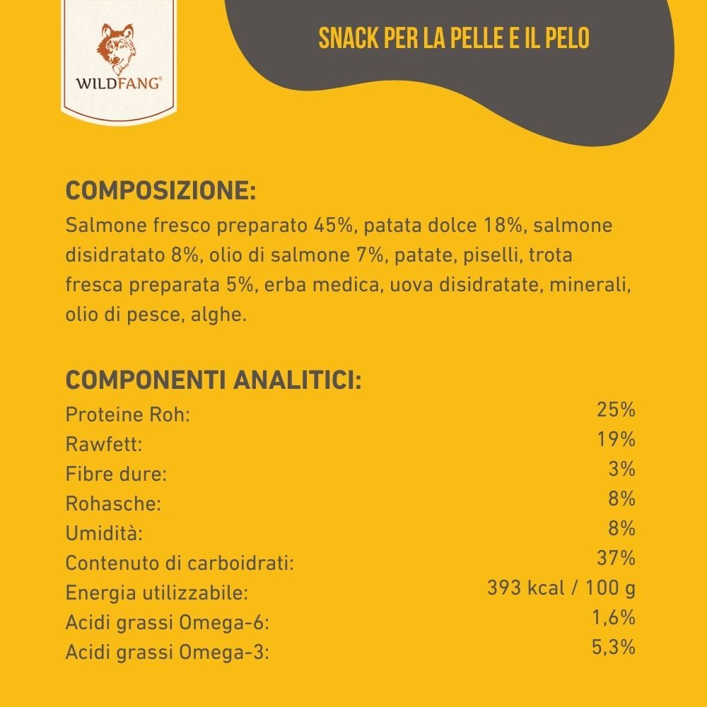 Testo su sfondo giallo. Testo: Composizione, Componenti analitici. Logo: Wildfang. Ingredienti.