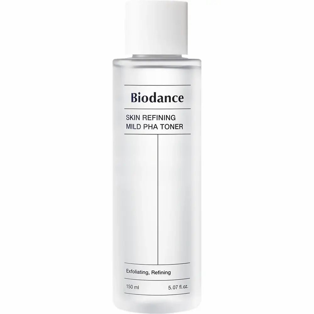 Biodance Skin Refining Mild PHA Toner. Flacone trasparente con tappo bianco. Etichetta del prodotto.