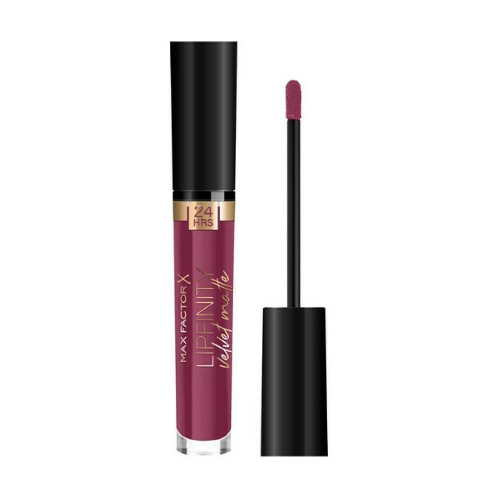 Rossetto Max Factor Lipfinity Velvet Matte. Tonalità prugna, cappuccio e applicatore neri. Scritta: 24 HRS.