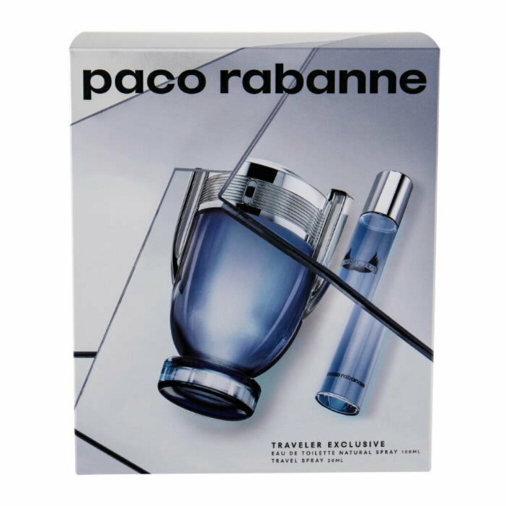 Paco Rabanne Invictus EdT + EdT. Set regalo con flacone e spray da viaggio. Confezione con logo e nome del prodotto. Sfondo azzurro.