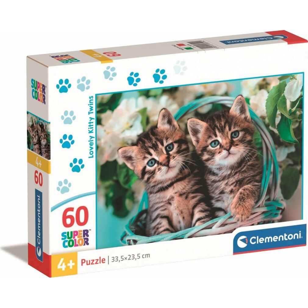 Scatola puzzle Clementoni con immagine di due gattini nel cesto. 60 pezzi, Super Color, 4+ anni.