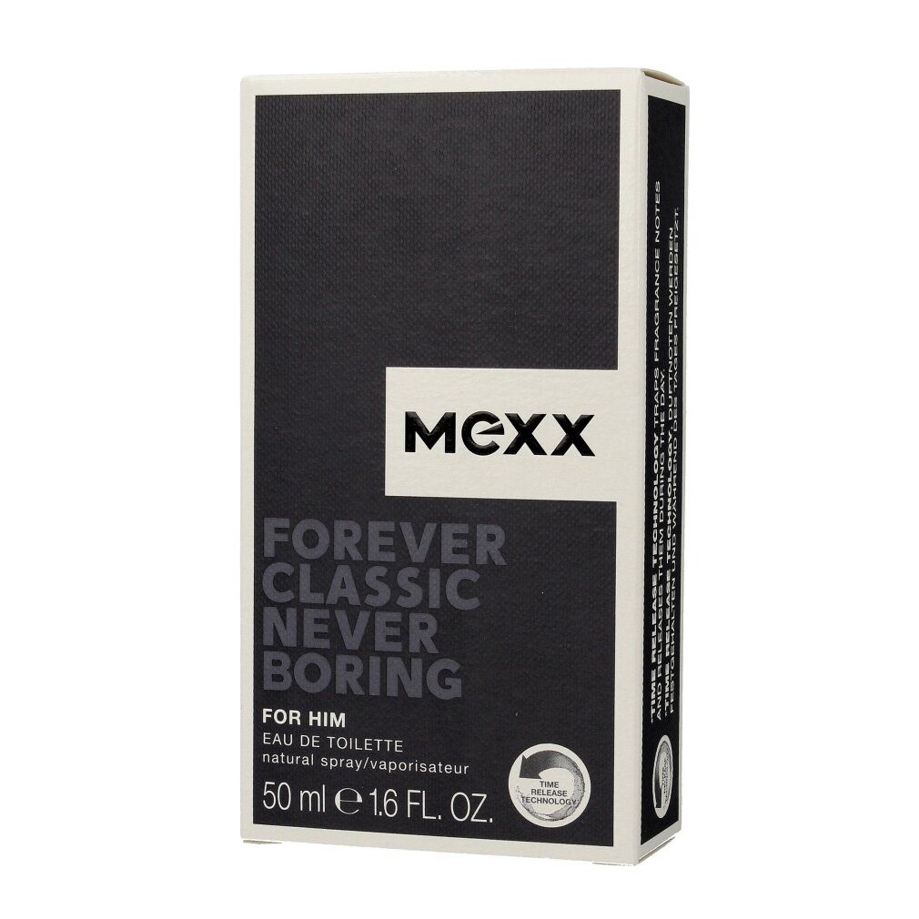 Confezione con logo e nome del prodotto. Scritta: Mexx, Forever Classic Never Boring, For Him, 50 ml.