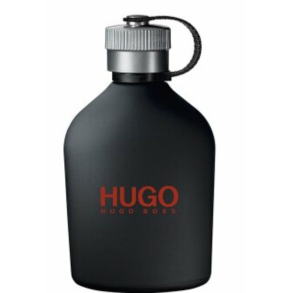 Flacone nero con scritta HUGO rossa. Tappo argentato con cinturino nero. Forma arrotondata del flacone.