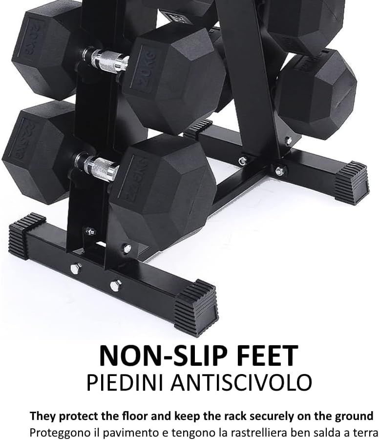 Primo piano dei piedi di una rastrelliera nera per manubri. Testo: « Non-slip feet ». Protegge il pavimento.