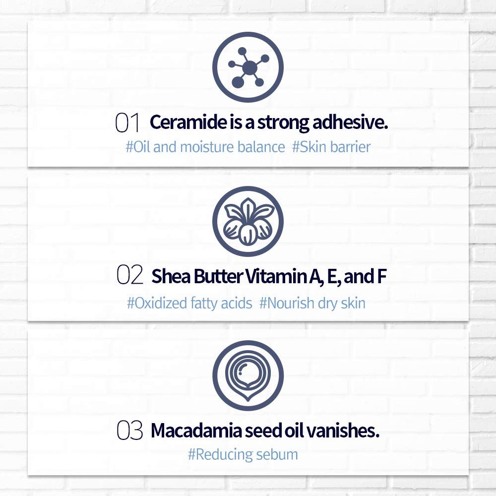 Grafica con ingredienti: ceramidi, burro di karité, macadamia. Testo: equilibrio olio-idratazione, riduce il sebo.