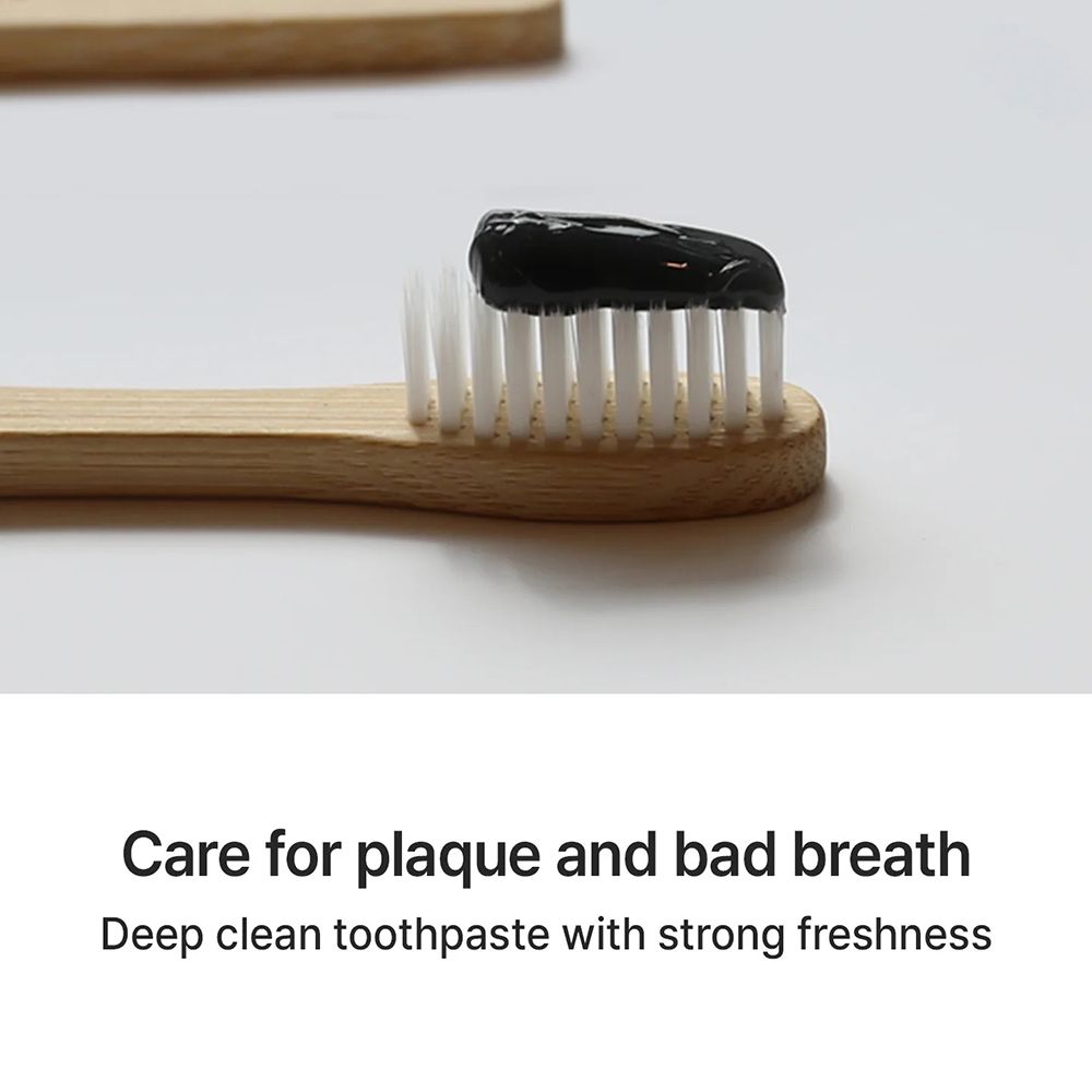 Spazzolino con dentifricio nero. Manico in legno, setole bianche. Testo: Care for plaque and bad breath.