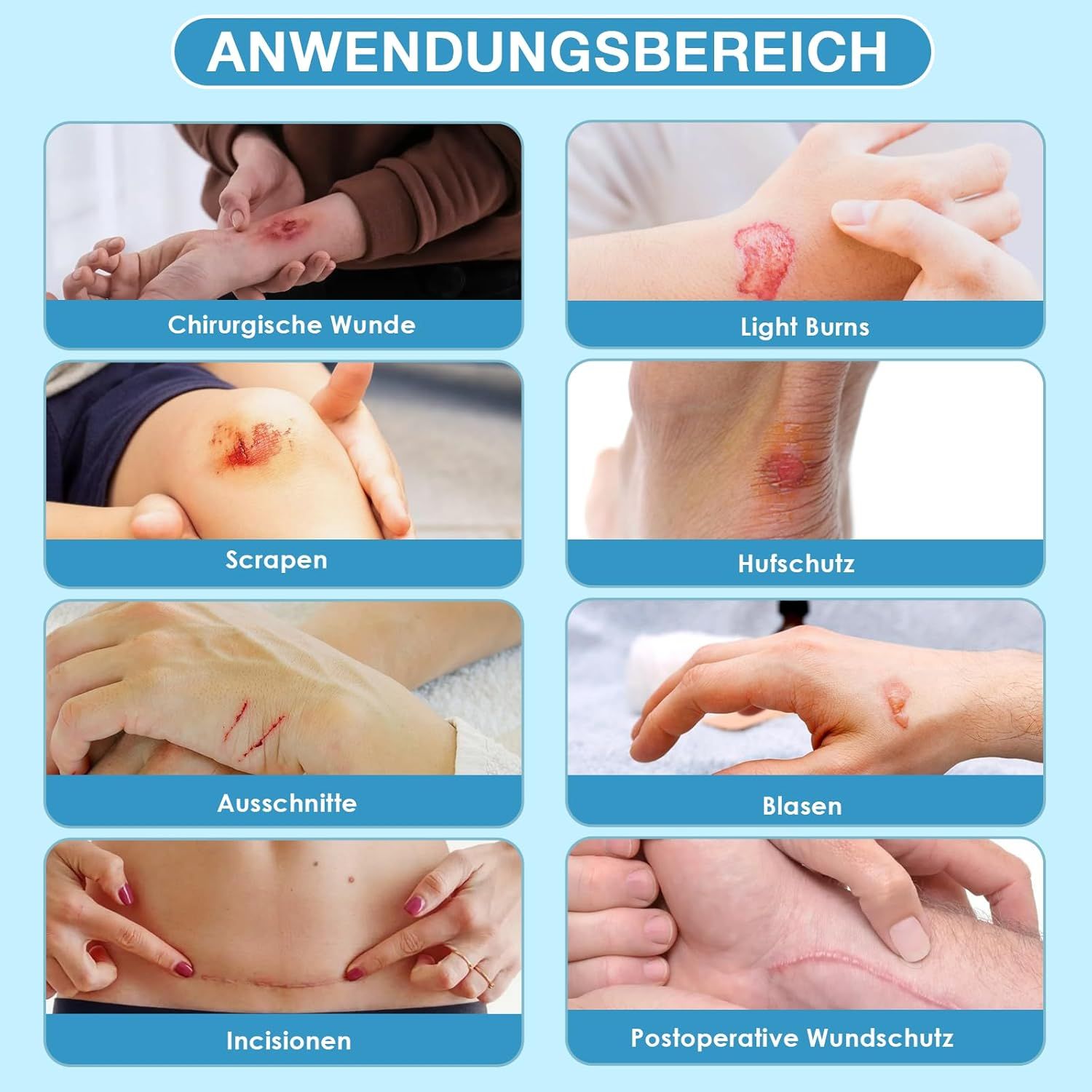 Diagramma delle aree di applicazione. Immagini che mostrano: ferita chirurgica, ustioni leggere, abrasioni, protezione degli zoccoli, tagli, vesciche, incisioni, cura postoperatoria.