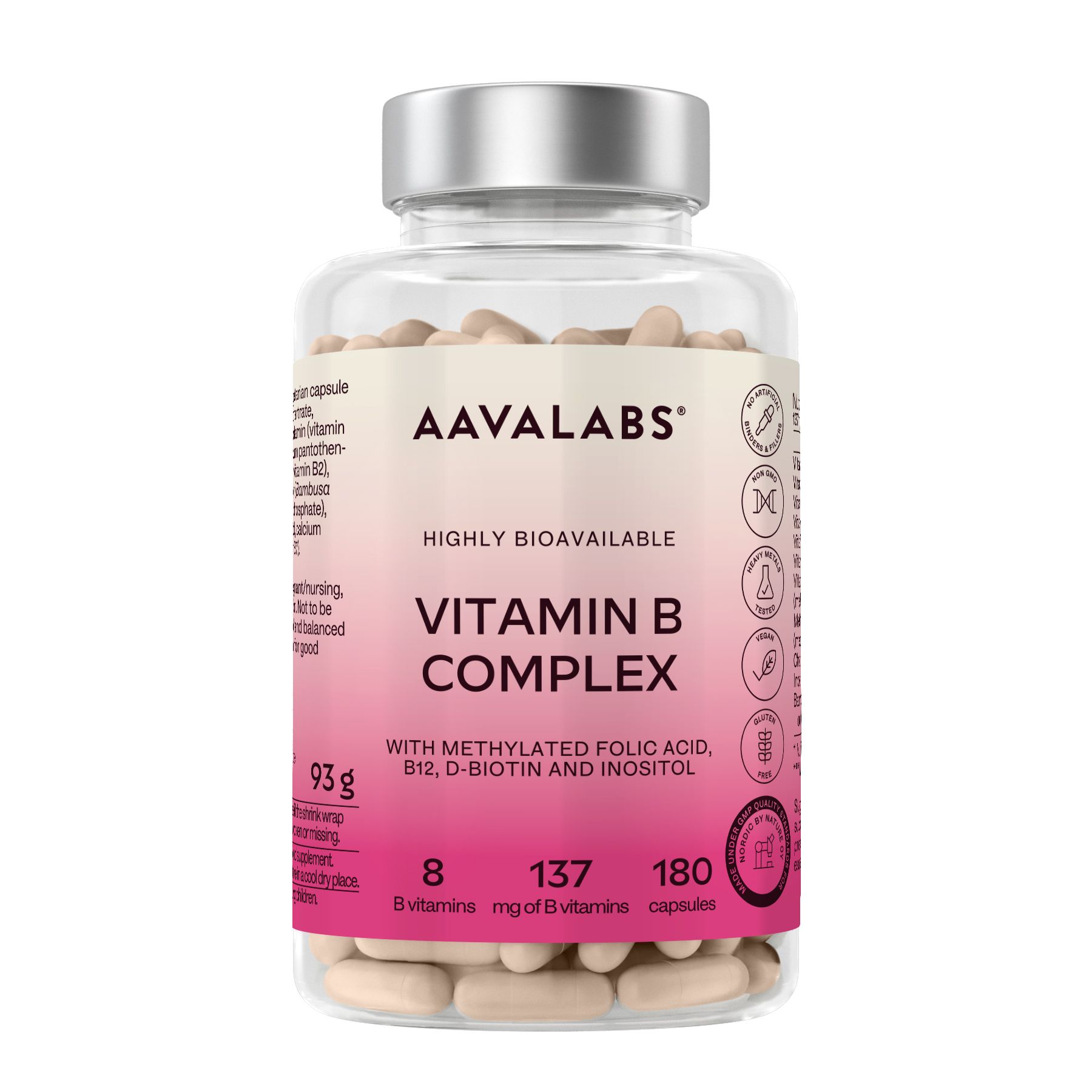 Flacone trasparente con capsule. AAVALABS Vitamin B Komplex. 180 capsule. Etichetta rosa con informazioni.