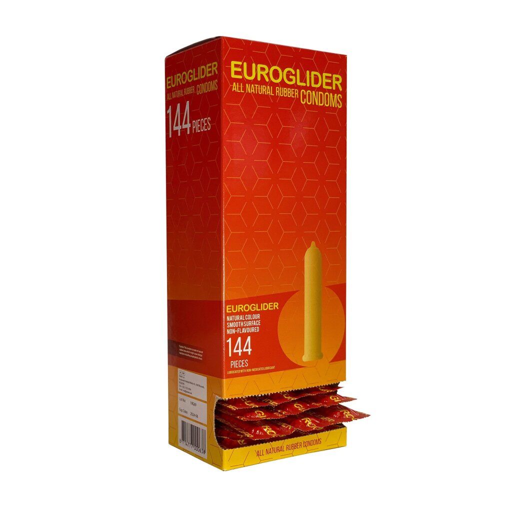 Confezione Euroglider con 144 preservativi. Confezione aperta con preservativi visibili. Scritta: All Natural Rubber Condoms.