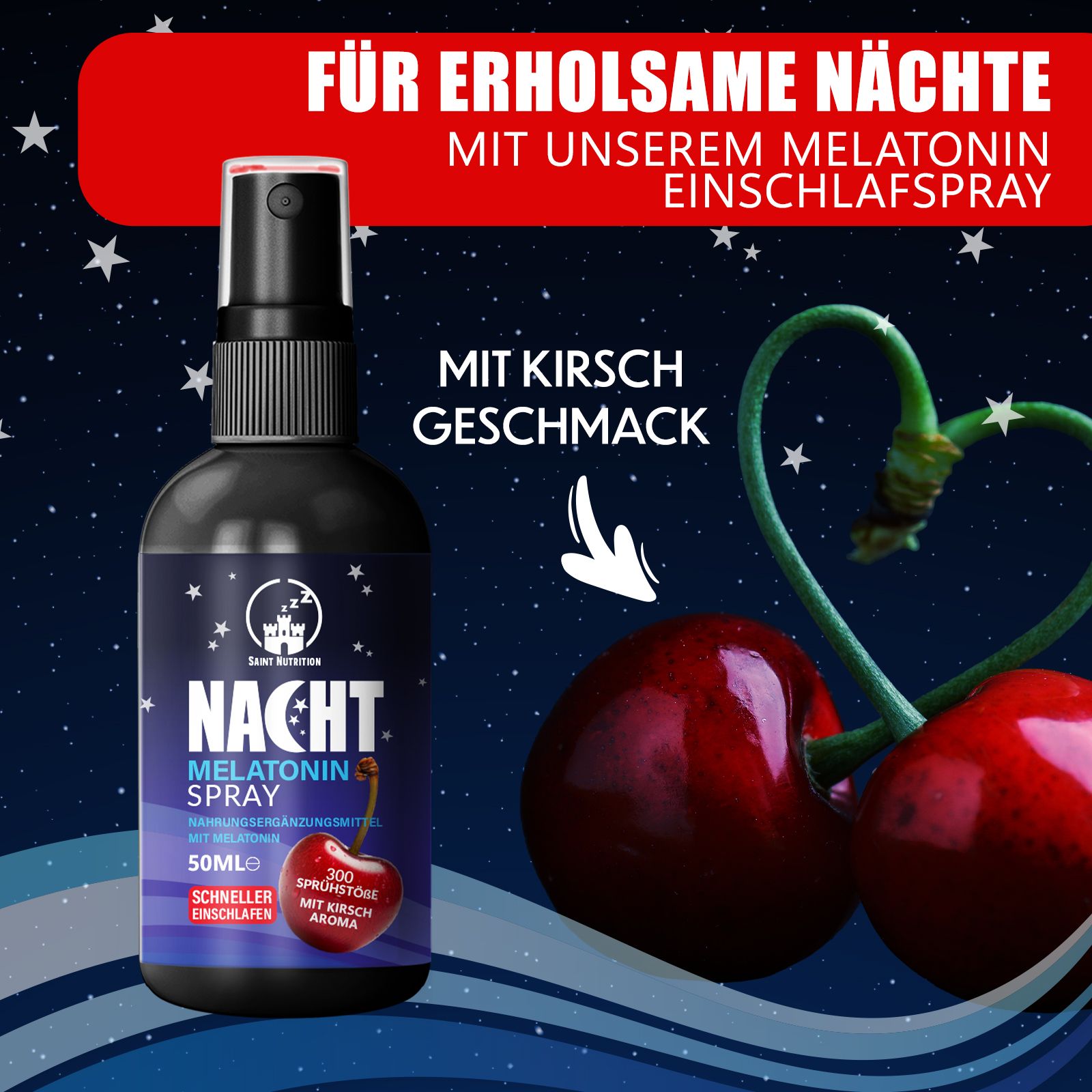 Immagine pubblicitaria. Flacone spray con ciliegie e cielo stellato. Testo: "Per notti riposanti con il nostro spray alla melatonina".