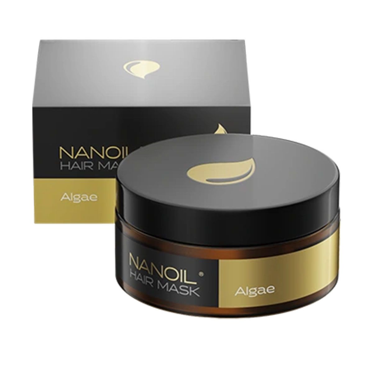 Maschera per capelli Nanoil alle alghe accanto alla sua confezione. Entrambi mostrano il logo e il nome del prodotto "Nanoil Hair Mask Algae".