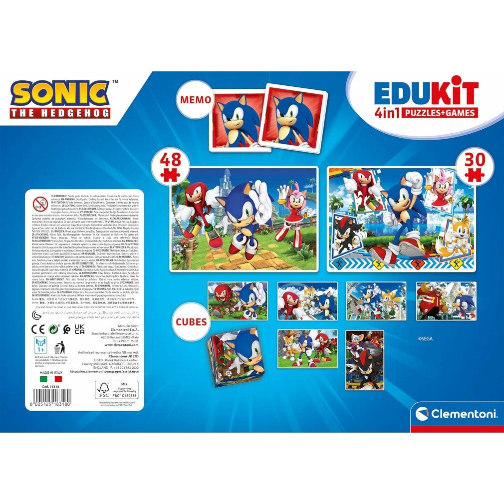 Retro della confezione Clementoni Edukit 4in1 Sonic. Contiene informazioni, avvertenze e illustrazioni dei giochi e puzzle inclusi.
