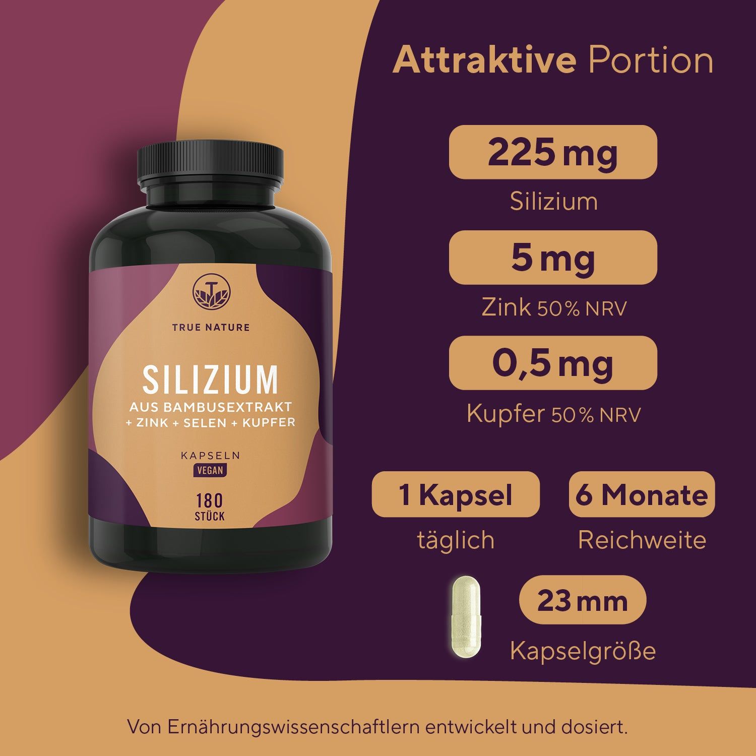 Informazioni sul prodotto. Silicio 225mg, Zinco 5mg, Rame 0,5mg. 1 capsula al giorno, durata 6 mesi. Dimensione capsula 23mm.