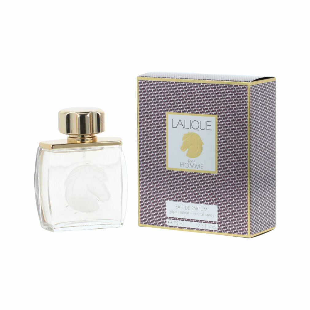 Flacone in vetro e confezione. Flacone con rilievo di testa di cavallo. Confezione con logo e scritta "LALIQUE pour HOMME".