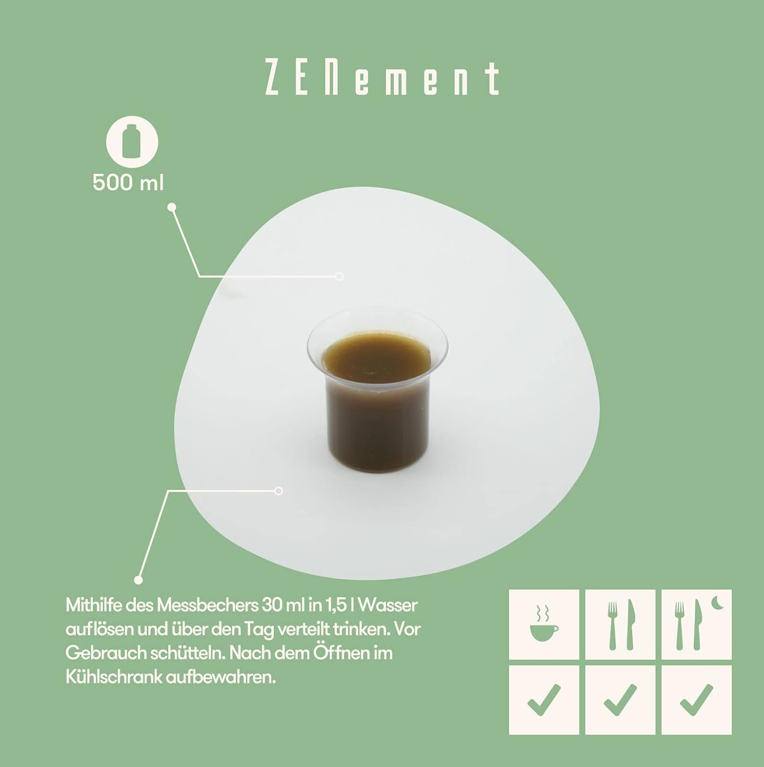 Misurino con liquido. Scritta: 500 ml. Istruzioni per l'uso. Simboli per pasti e conservazione.