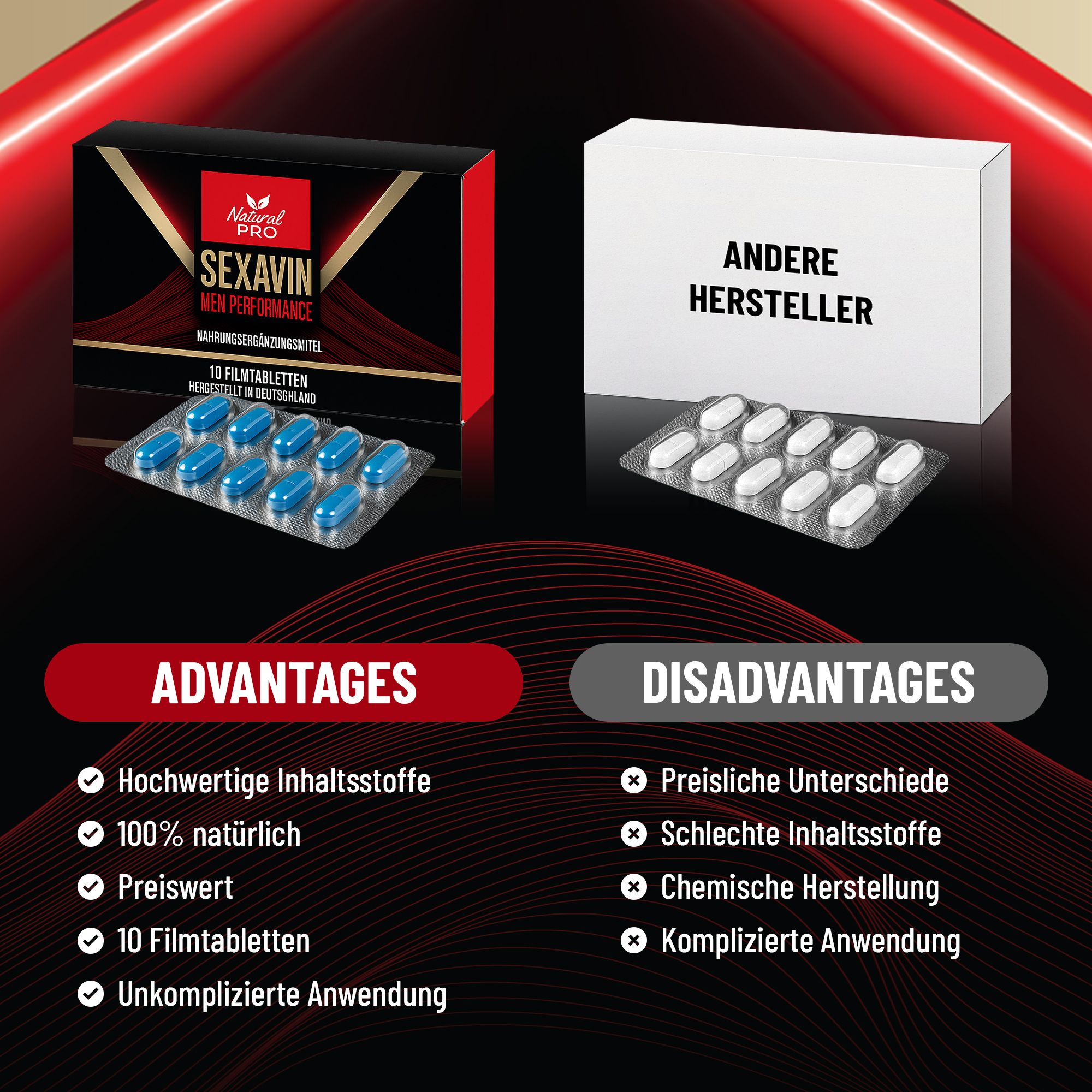 Confronto "SEXAVIN" con vantaggi, altri produttori con svantaggi. Blister e scatola.