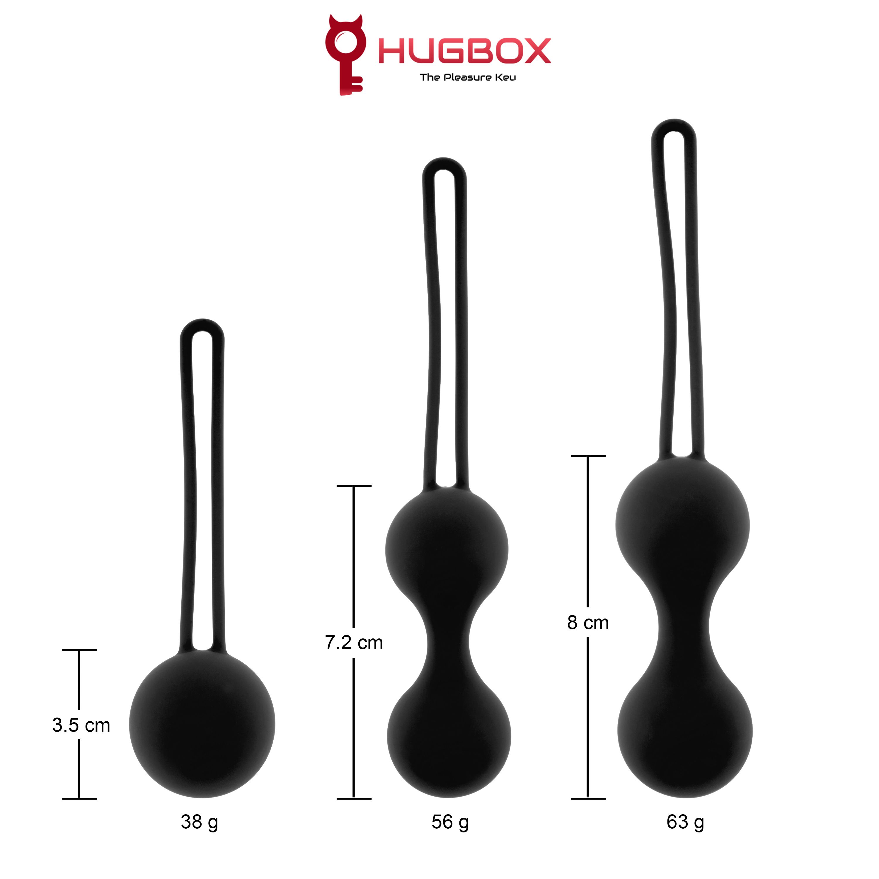Tre sfere nere con anelli. Due sfere sono collegate. Dimensioni: 3,5 cm, 7,2 cm, 8 cm. Marchio: HUGBOX.