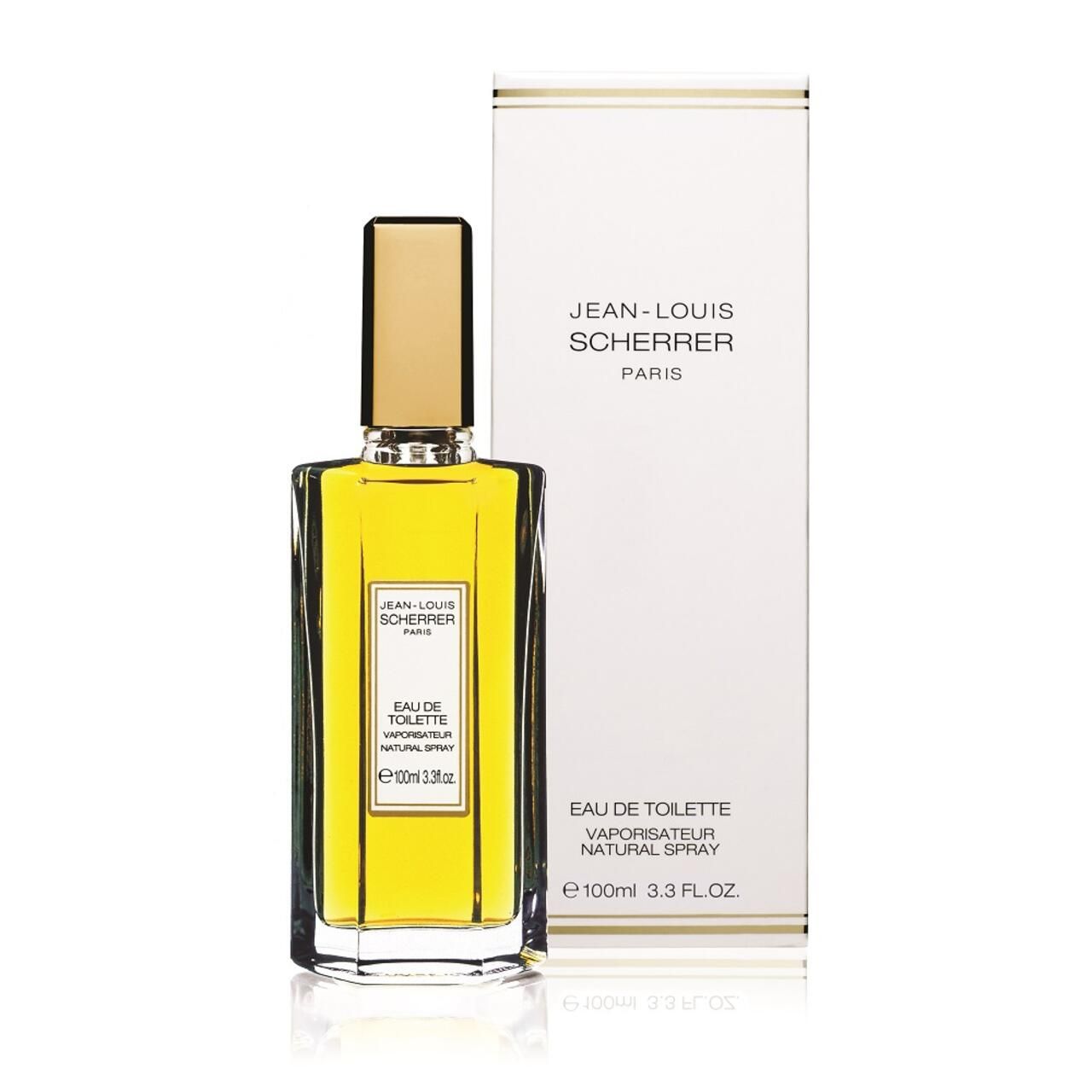 Jean-Louis Scherrer Eau de Toilette con confezione. Flacone rettangolare, tappo dorato. Confezione bianca.