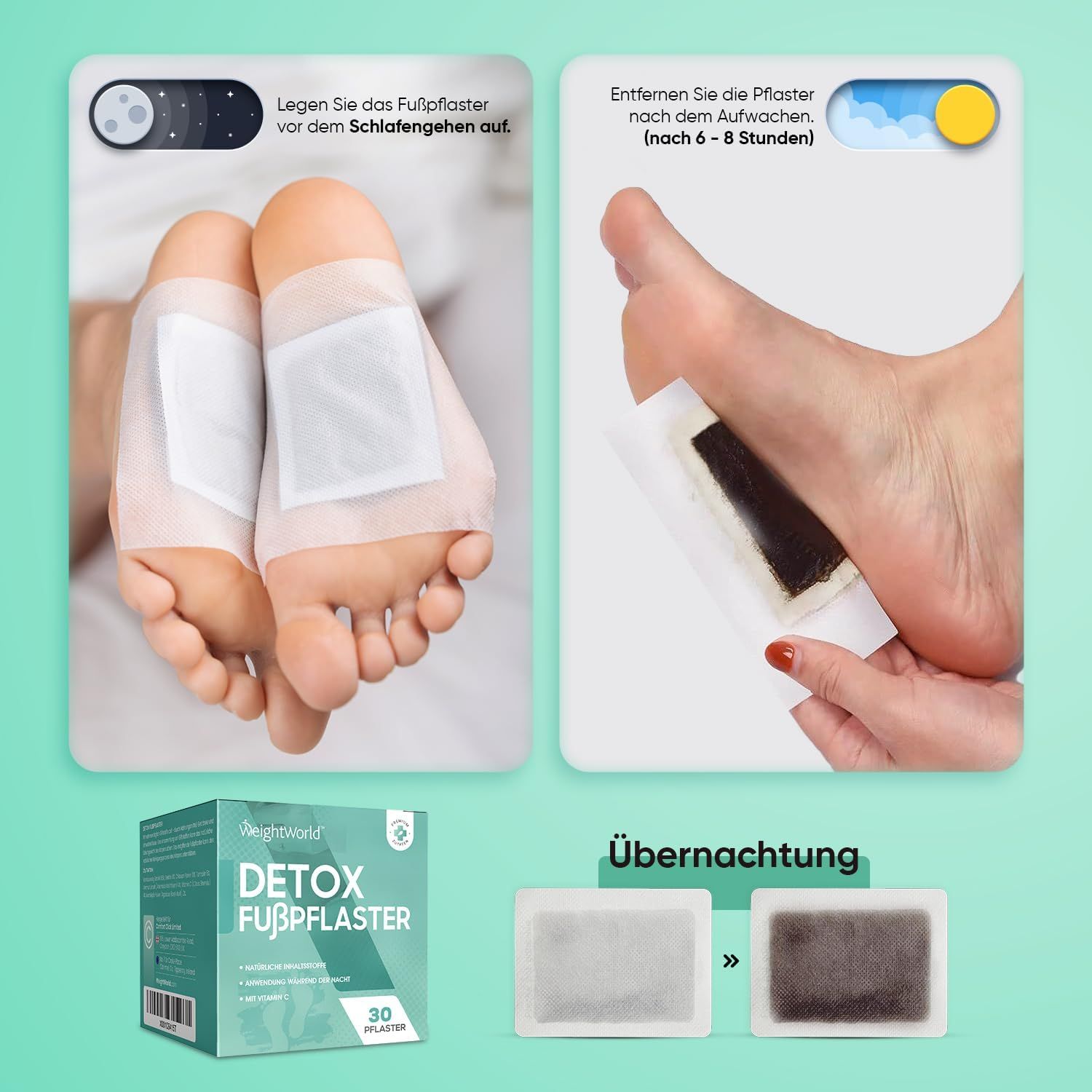 Uso notturno. Piedi con cerotti. Confezione del prodotto. Testo: Notte.
