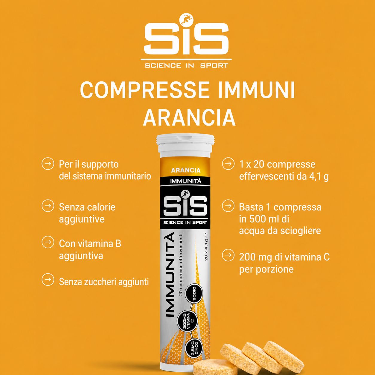 Compresse effervescenti arancioni in tubo. Scritta: SIS IMMUNE, 20 compresse. Quattro compresse.