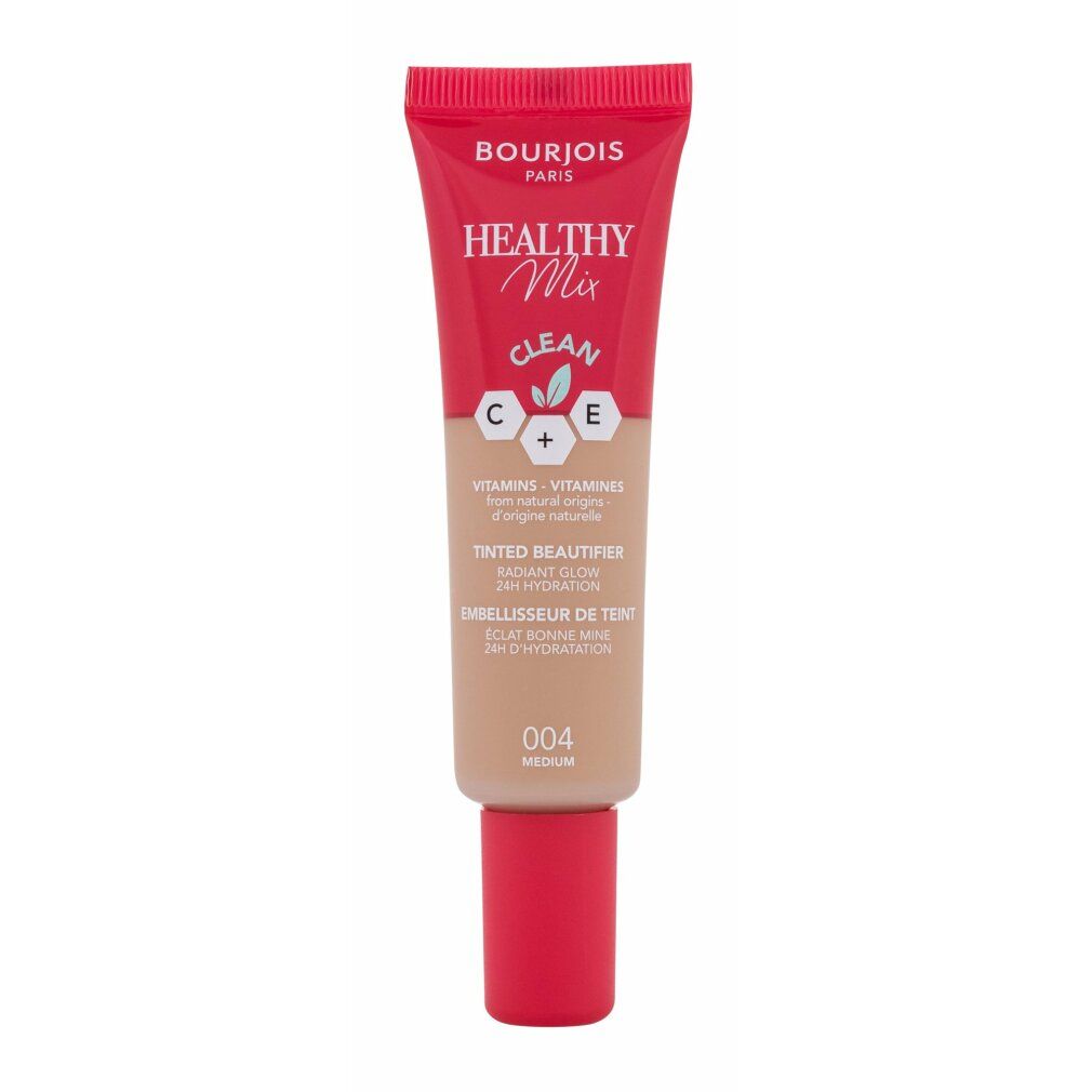 Bourjois Healthy Mix Beautifier. Tubo con tappo rosso. Tonalità 004. Scritta: Clean, Tinted Beautifier.